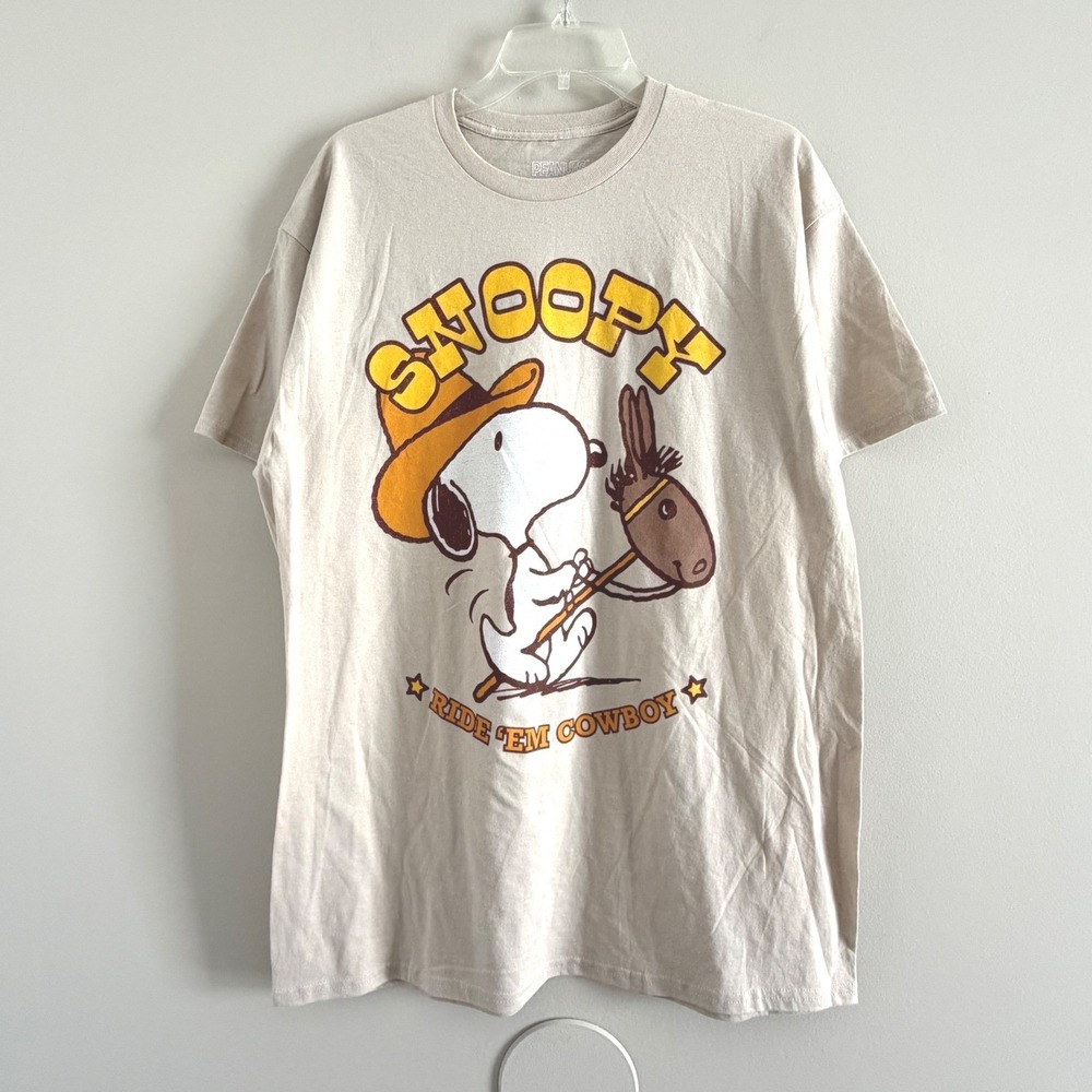 Peanuts Snoopy Ride Em Cowboy Graphic T-Shirt Tan Beige Mens Large Cotton Tee
